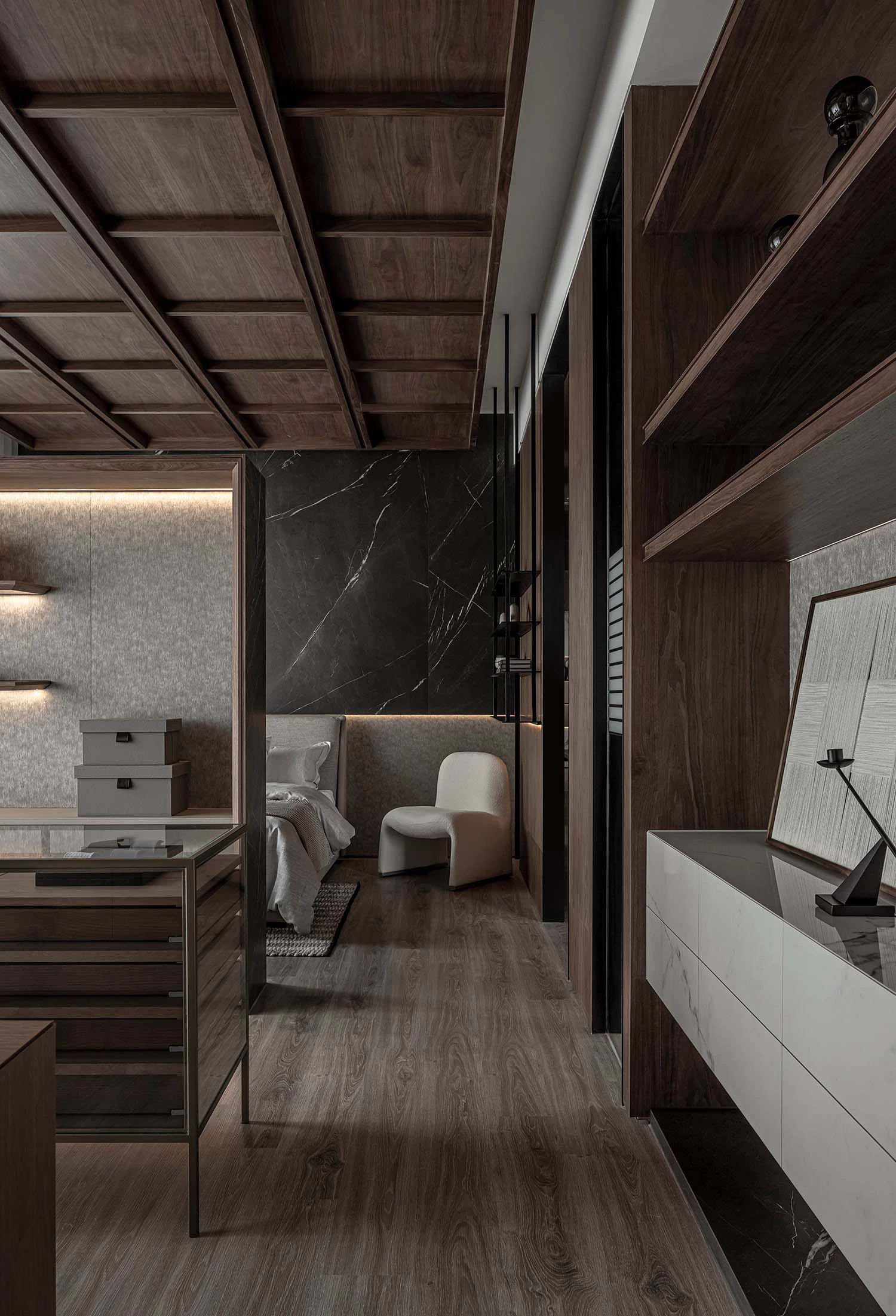 Dark walnut bedroom study with marble accent wall